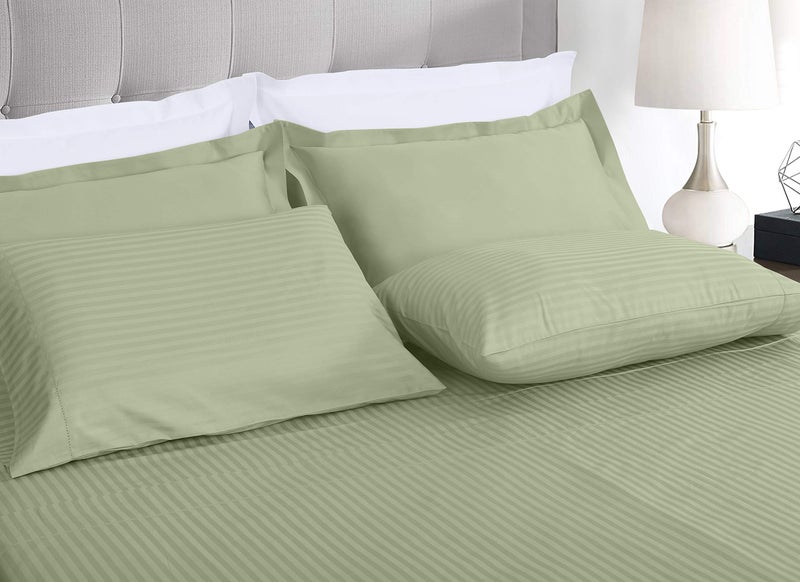 Threadmill 100% Cotton Sheets for Queen Size Bed - 600 Thread Count Queen Bed Sheets Set with 16â€ Deep Pocket - Damask Stripe Sateen Weave 4-Piece Bedding Set with Cooling Effect, Sage Green - Image 2